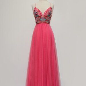 NEW CORAL LONG A-LINE OFF SHOULDER DRESS WITH SPAGHETTI STRAPS AND ZIP C80258ACD